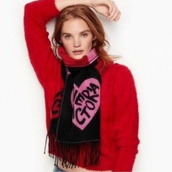 VICTORIA’S Secret Love Victoria Fringed Red Pink Black Color Block Scarf - Picture 1 of 10